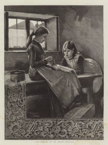Lace-making i en irsk hytte
